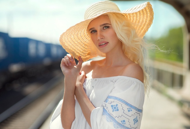 women, blonde, hat, portrait, railway, train, depth of field