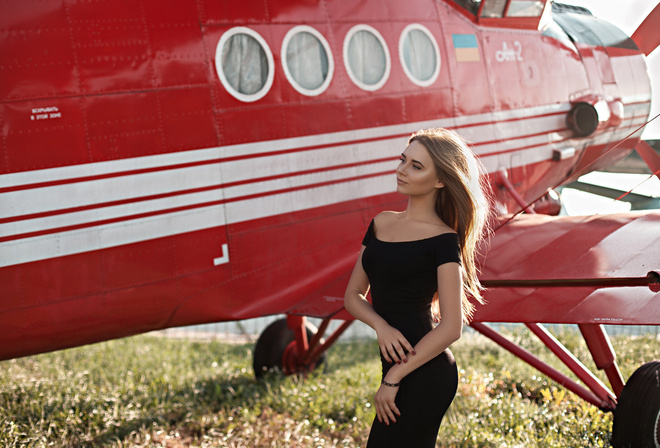 women, blonde, black dress, grass, women outdoors, airplane, red nails