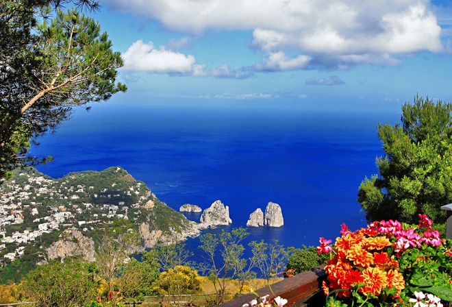 море, зелень, небо, деревья, пейзаж, цветы, горы, природа, скалы, остров, Италия, Italy, провинция, Неаполь, Capri, Капри, Анакапри
