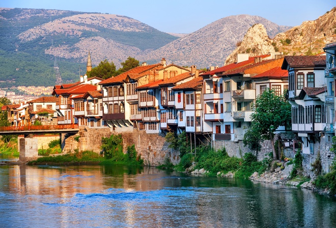 пейзаж, горы, мост, река, скалы, дома, Турция, Amasya, Central Anatolia