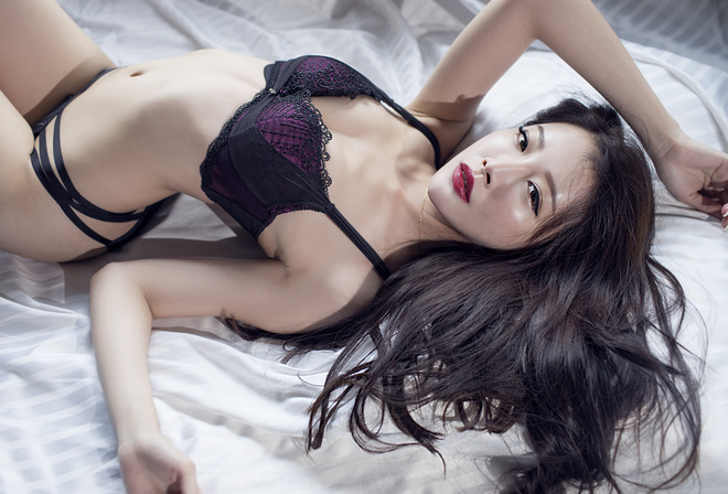women, Asian, lingerie, belly, lying on back, in bed