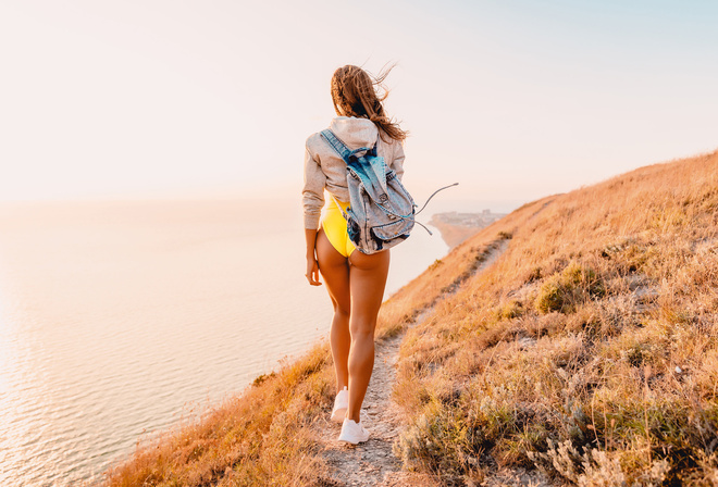 women, bag, one-piece swimsuit, tanned, back, sneakers, sea, women outdoors, the gap, sweater