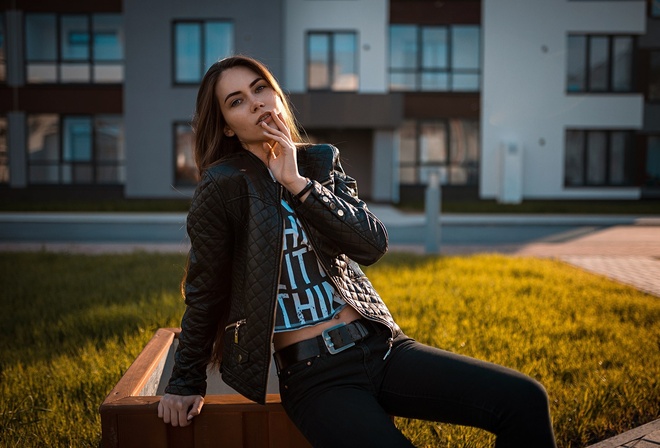 women, portrait, leather jackets, women outdoors, depth of field, black clothing, sitting, finger on lips