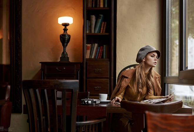 women, Anastasia Scheglova, blonde, portrait, model, sitting, table, chair, looking away, camera