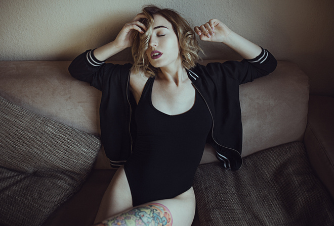 women, blonde, portrait, tattoo, closed eyes, couch, sweater, monokinis
