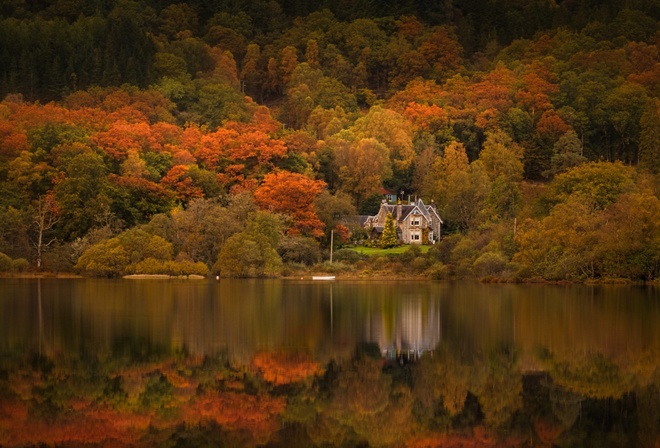 дома, осень, вода, деревья, природа, Loch Achray, Trossachs, Scotland, Adam West