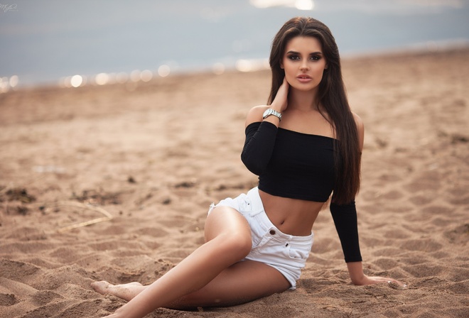 women, sand, belly, depth of field, tanned, sitting, long hair, jean shorts, women outdoors, portrait