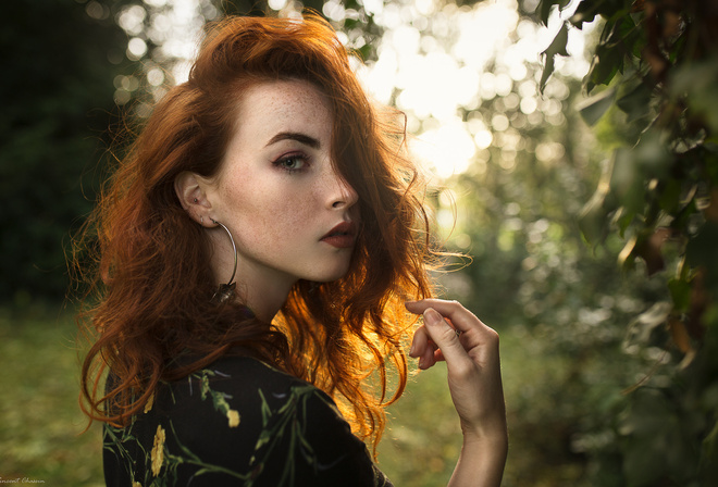 women, portrait, face, redhead, depth of field, women outdoors, freckles