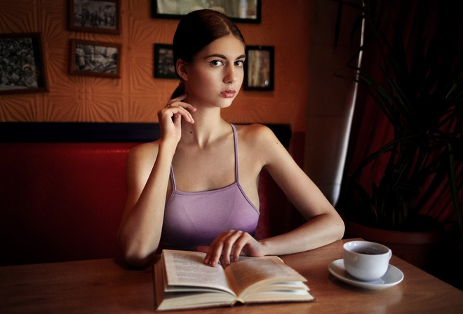 women, portrait, sitting, table, cup, books