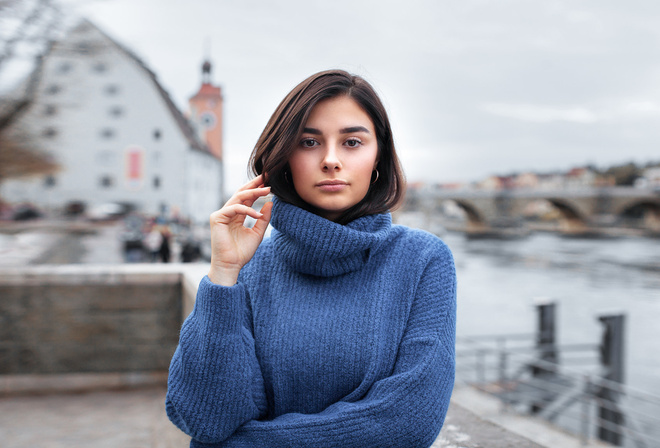 women, face, turtlenecks, portrait, women outdoors, depth of field