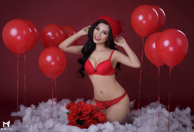 women, Asian, belly, pierced navel, balloon, rose, flowers, red background, red lingerie, red lipstick, kneeling, smiling, black hair