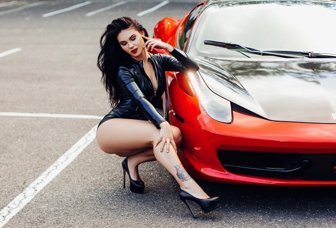 women, squatting, ass, tanned, high heels, red lipstick, black latex, tattoo, car, women outdoors