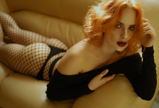 women, redhead, red lipstick, couch, ass, lying on front, black panties, fishnet stockings, brunette, depth of field