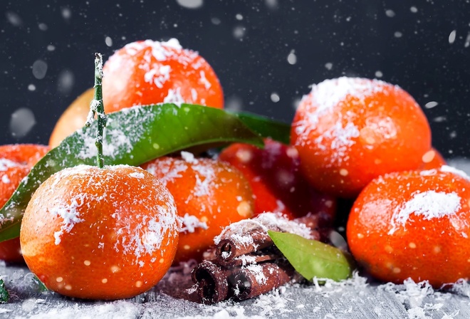 еда, мандарины, корица, снег, Yuliia Mazurkevych