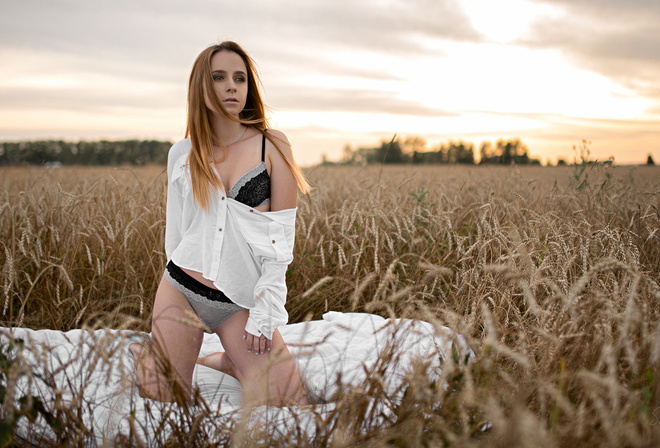 women, blonde, kneeling, lingerie, depth of field, Sergey Fat, white shirt, looking away, sunset, brunette, women outdoors