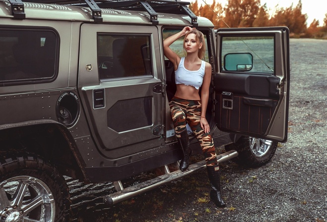 women, blonde, women with cars, belly, brunette, tank top, women outdoors, boots, nipple through clothing, armpits, looking away