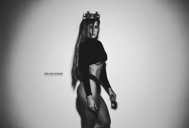 Carolina Zambrano Forero, women, ass, simple background, Paul Egas Scarino, monochrome, black panties, crown, tattoo, long hair, underboob