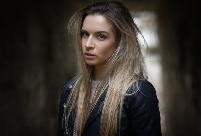 women, blonde, face, portrait, blue eyes, leather jackets, depth of field