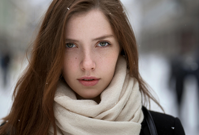 women, scarf, depth of field, face, portrait