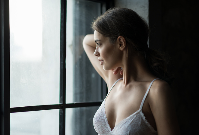 Lidia Savoderova, women, portrait, looking away, window, white bra