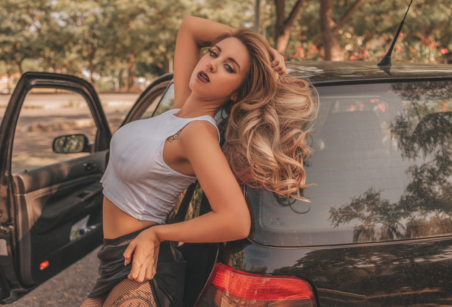 women, blonde, tanned, women with cars, tattoo, trees, skirt, fishnet stockings, portrait, depth of field, car, dyed hair, women outdoors, nipple through clothing