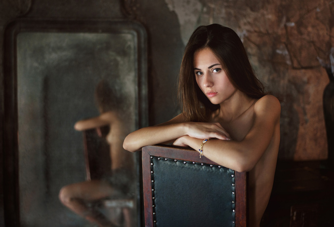Catherine Timokhina, women, Maxim Maximov, portrait, mirror, reflection, sitting, chair, boobs