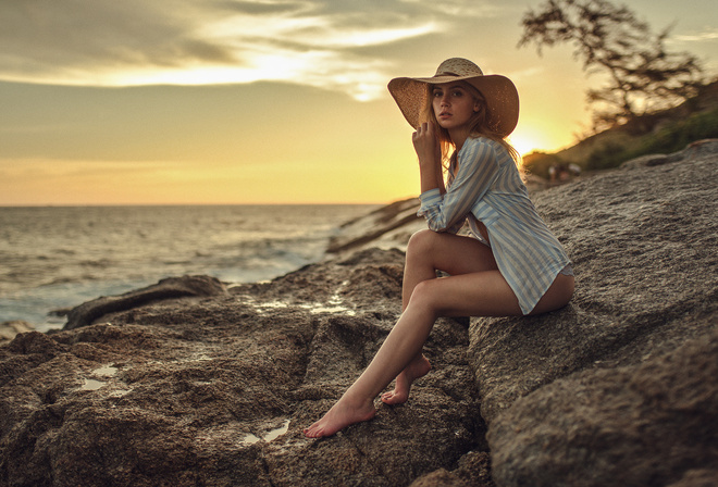 women, Ksenia Kokoreva, sunset, hat, shirt, sea, sitting, brunette, women outdoors, lingerie, blonde, depth of field