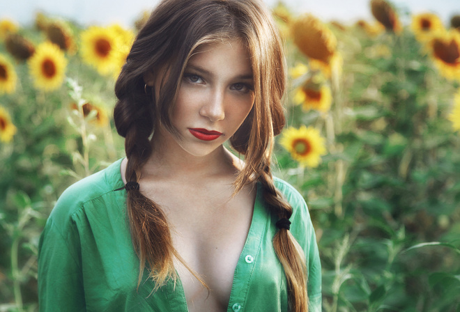 women, face, red lipstick, portrait, pigtails, depth of field, women outdoors, sunflowers