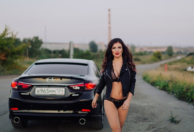 women, road, brunette, black lingerie, red lipstick, women outdoors, women with cars, belly, portrait, leather jackets, necklace, depth of field, black nails