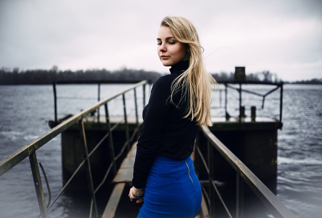 women, blonde, portrait, river, women outdoors, blue skirt, depth of field