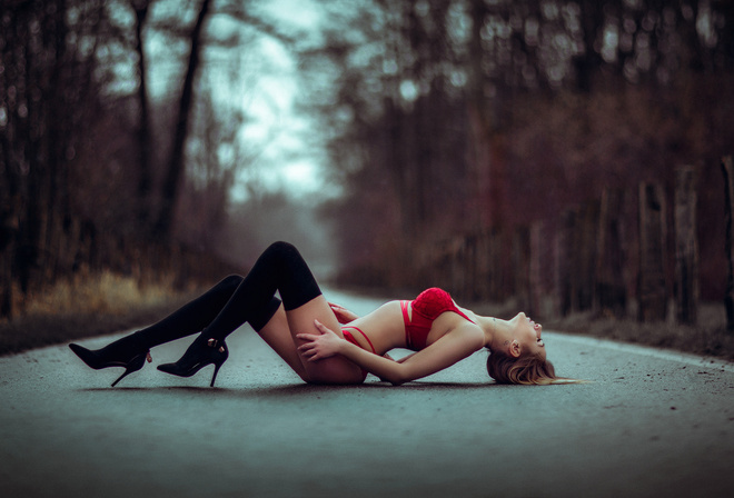 women, road, brunette, trees, ass, red lingerie, blonde, closed eyes, high heels, black stockings, women outdoors, arched back, lying on back, belly, depth of field