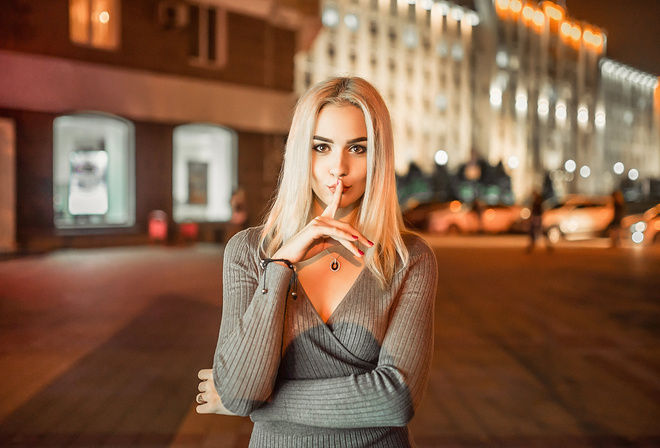 women, portrait, tight dress, blonde, women outdoors, necklace, cleavage, depth of field, red nails, finger on lips