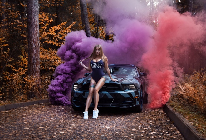 women, monokinis, tanned, tattoo, long hair, smoke, sneakers, women outdoors, women with cars, smiling, painted nails, trees