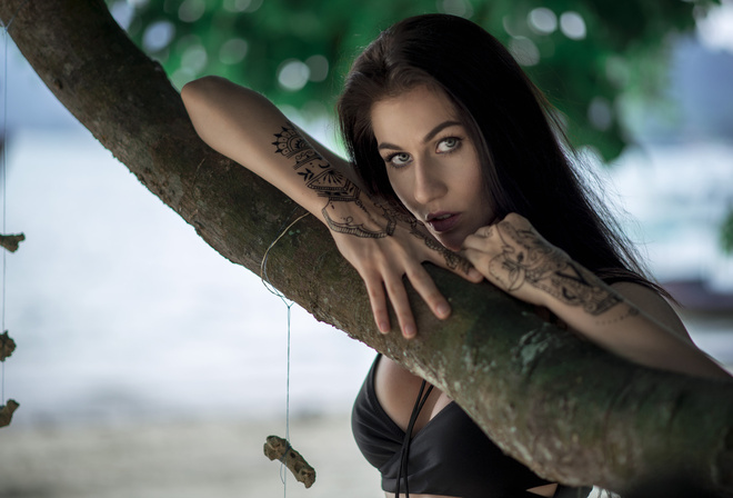 women, portrait, tattoo, bikini top, depth of field, trees