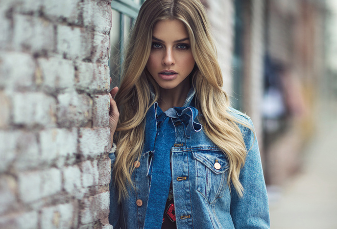 women, blonde, portrait, denim, face, bricks, blue eyes, depth of field