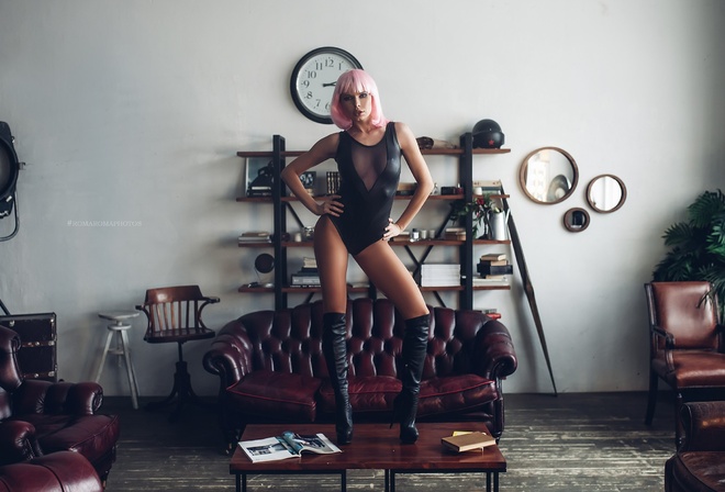 women, wigs, pink hair, monokinis, tanned, knee-high boots, couch, hands on hips