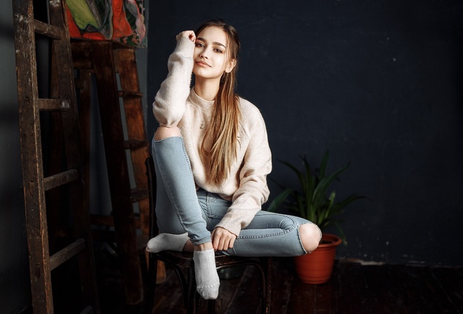 women, Anastasia Lis, jeans, necklace, smiling, socks, torn jeans, ladders, long hair, portrait