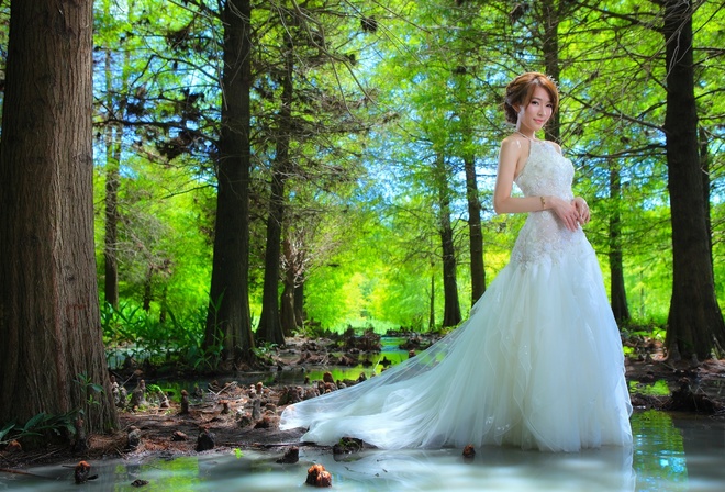 the bride, water, girl, dress, trees, forest, Asian