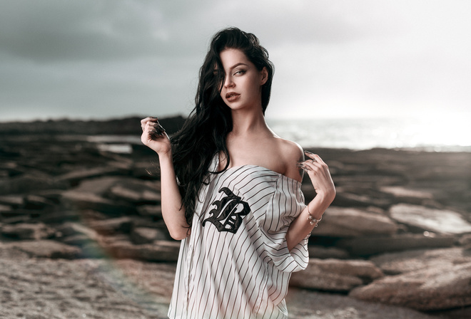 women, tattoo, portrait, black hair, depth of field, long hair, bare shoulders