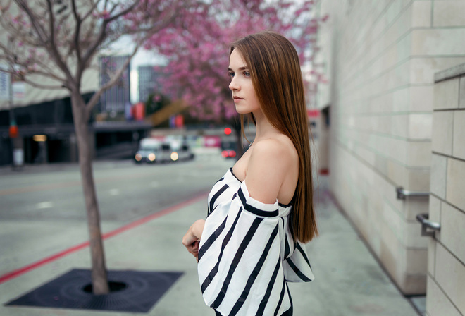 women, portrait, bare shoulders, looking away, women outdoors, blue eyes, trees, straight hair, depth of field