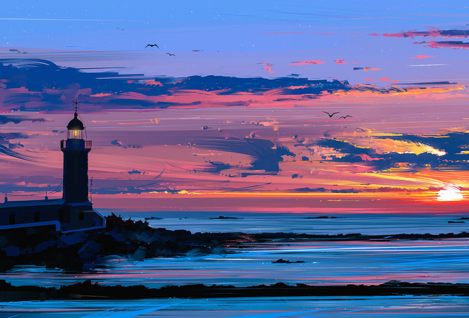 the sky, art, painting, sunset, landscape, seagulls