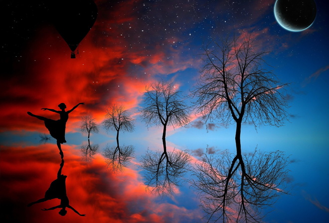 the moon, trees, dance, girl