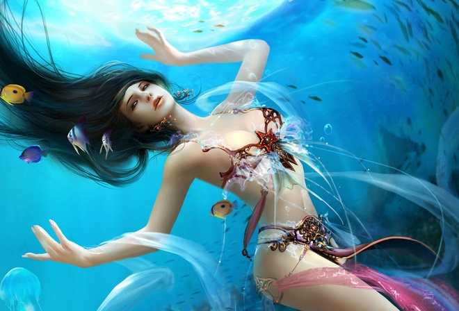 mermaid, mermaid, GBrush, Goddess of water, Dehong He, sea, fish, fantasy, underwater world, fantasy