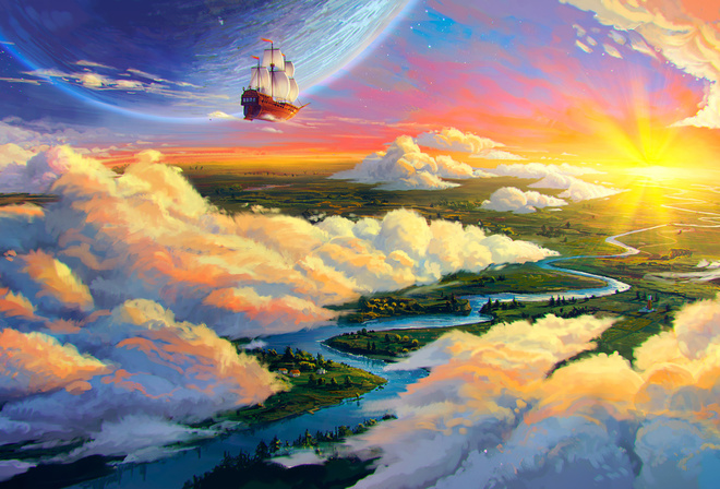 earth, ship, art, landscape, planet, river, clouds