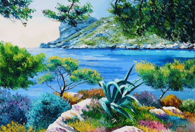 picture, Jean-Marc Janiaczyk, art, trees, shore, Islands, sea, Laguna, landscape, branches, stones