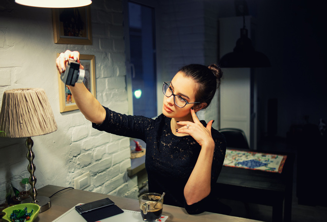 women, portrait, camera, lamp, selfies, women with glasses, black nails, cellphone, hairbun, cup, bricks