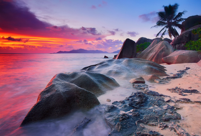 morning, palm trees, La Digue island, Seychelles, sea, the evening, water, rocks, clouds, trees, the bushes, The Indian ocean, beach, excerpt, the sky, stones