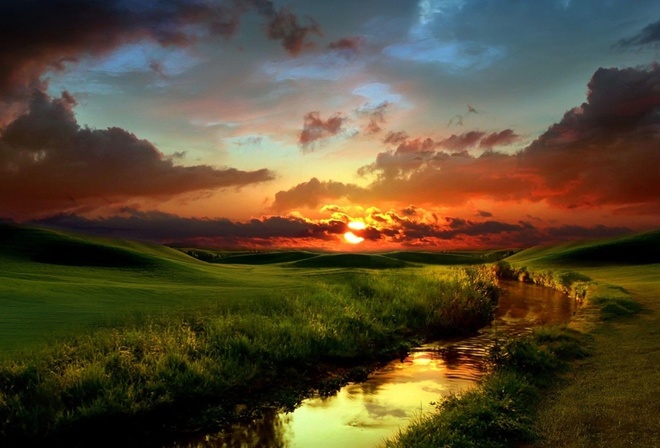 landscape, the sun, Wallpaper, grass, river, clouds