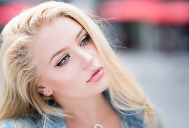 women, blonde, pink lipstick, face, portrait, blue eyes, eyeliner