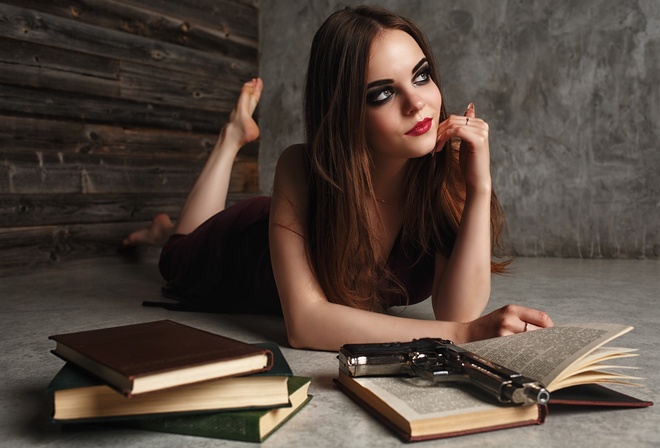 , , , , , , , , , , , yri filichkin, , , eyes, model, girl, hair, dress, lips, smile, face, portrait, photoshoot, brunette, gun, books